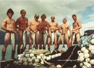 naked men with fish